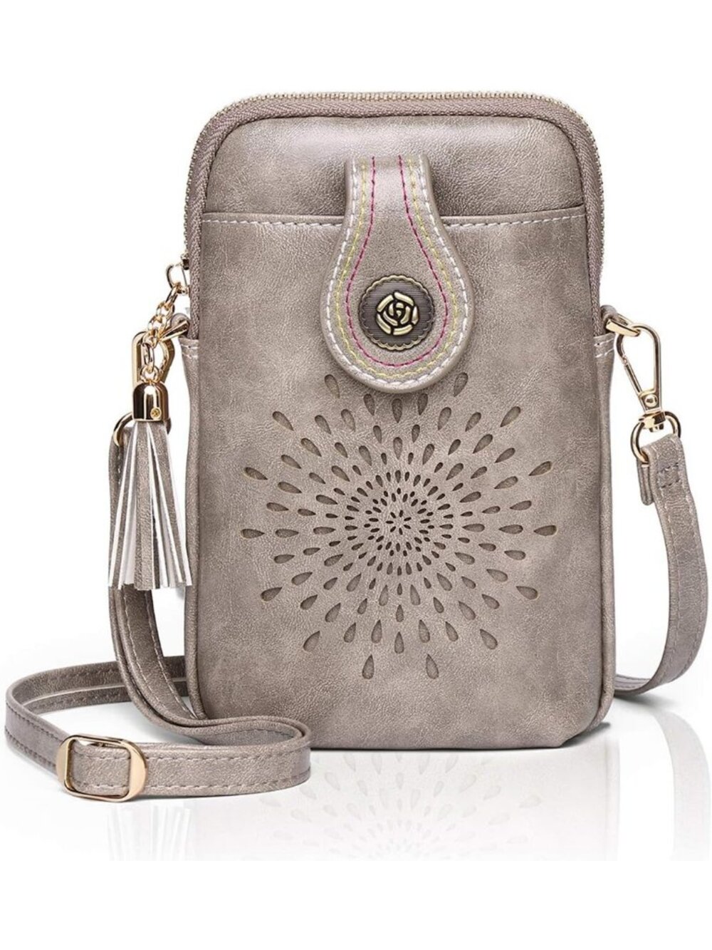 Women's Gray Small Crossbody Bag Leather Phone Purse With Adjustable Strap